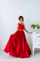 Stunning Red One Shoulder Couture Wedding Flower Girl Satin Gown
